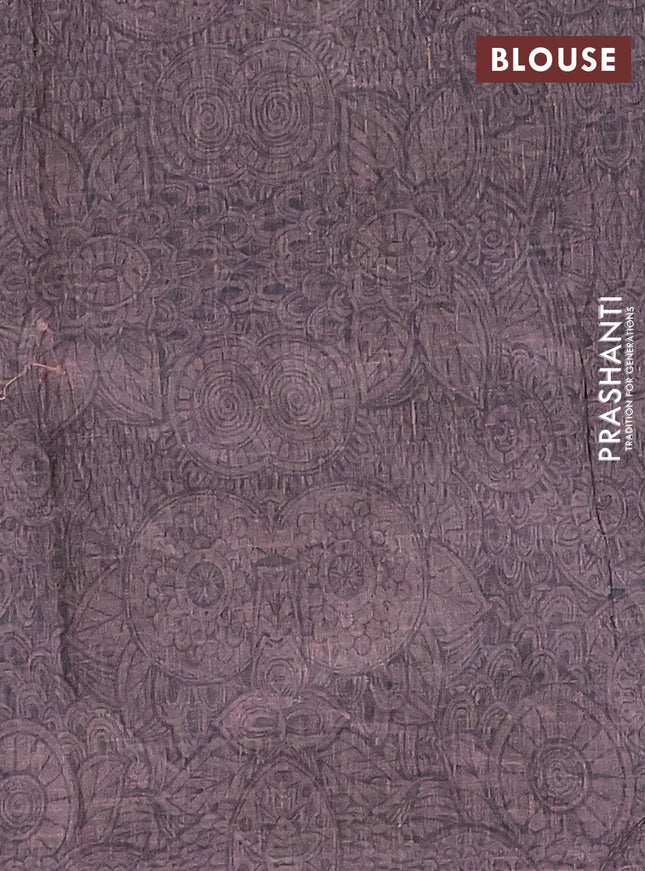 Semi tussar saree greyis brown with allover prints and kantha stitch work border