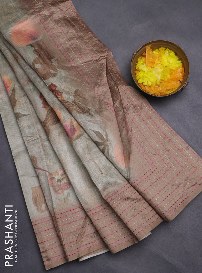 Semi tussar saree grey shade and dark sandal with allover floral digital prints and zari woven kantha work border