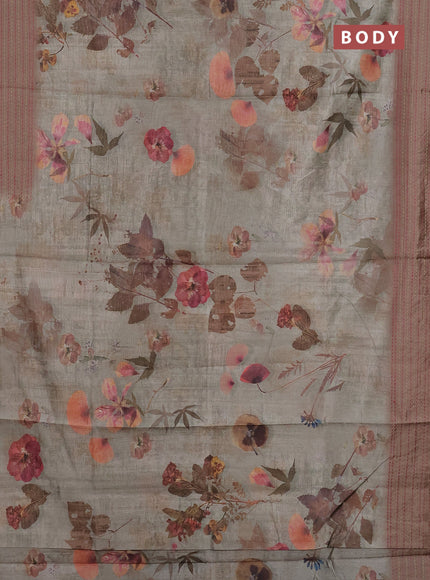 Semi tussar saree grey shade and dark sandal with allover floral digital prints and zari woven kantha work border