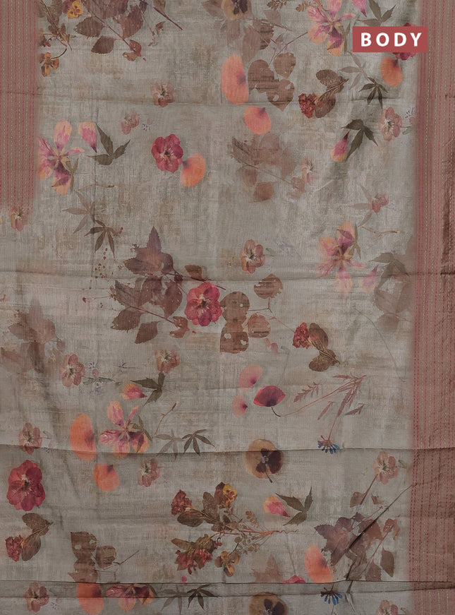 Semi tussar saree grey shade and dark sandal with allover floral digital prints and zari woven kantha work border