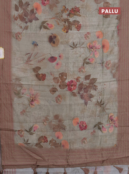 Semi tussar saree grey shade and dark sandal with allover floral digital prints and zari woven kantha work border