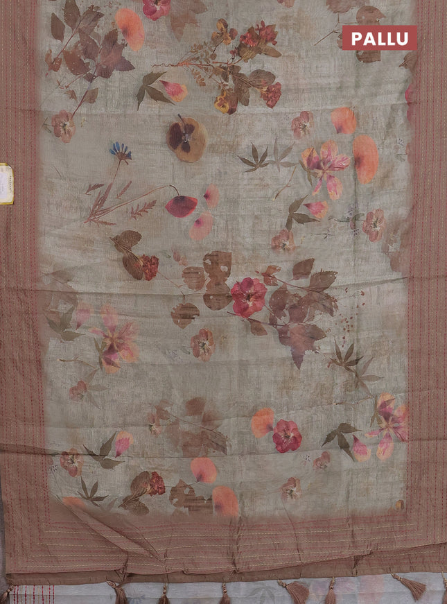 Semi tussar saree grey shade and dark sandal with allover floral digital prints and zari woven kantha work border