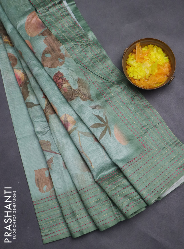 Semi tussar saree pastel green with allover floral digital prints and zari woven kantha work border