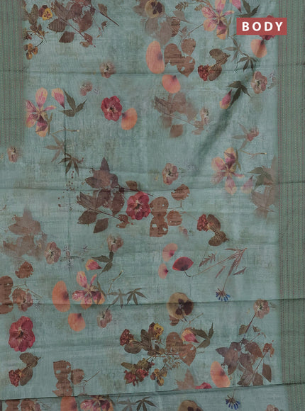 Semi tussar saree pastel green with allover floral digital prints and zari woven kantha work border