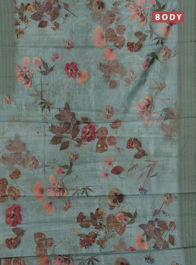 Semi tussar saree pastel green with allover floral digital prints and zari woven kantha work border