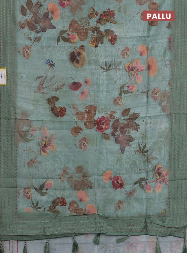 Semi tussar saree pastel green with allover floral digital prints and zari woven kantha work border