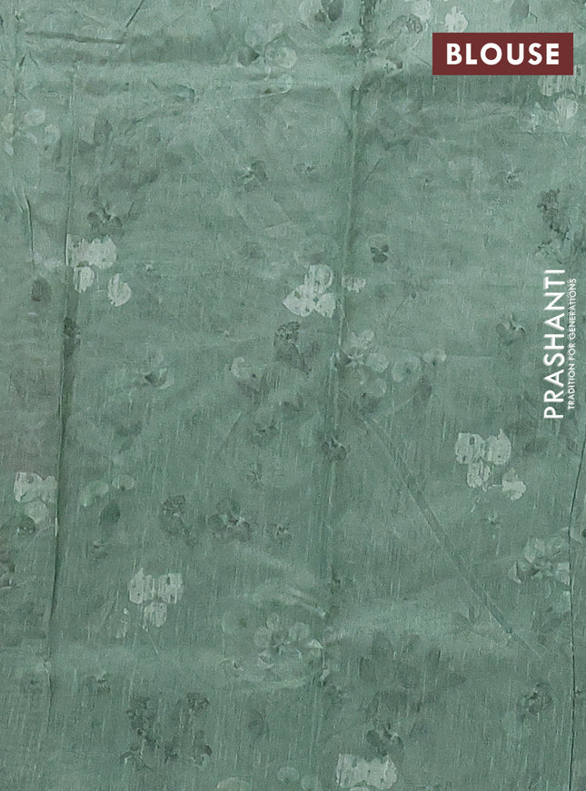 Semi tussar saree pastel green with allover floral digital prints and zari woven kantha work border