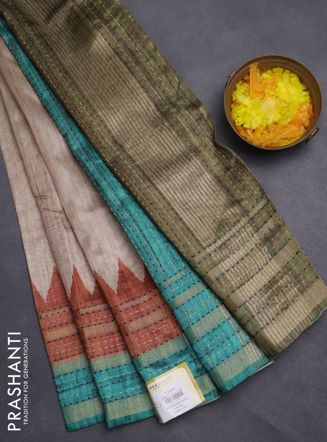 Semi tussar saree beige and brown teal green with plain body and ganga jamuna kantha work border