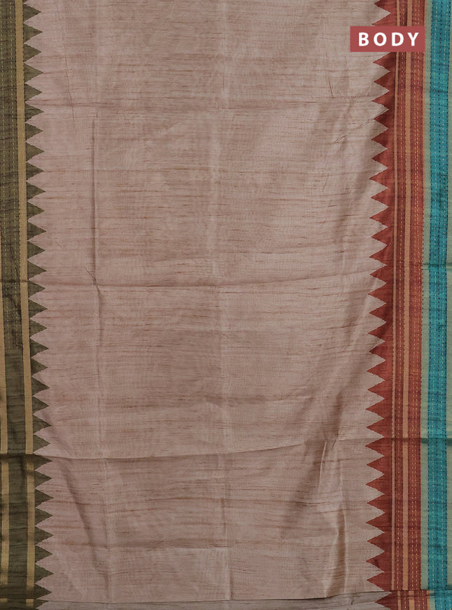 Semi tussar saree beige and brown teal green with plain body and ganga jamuna kantha work border