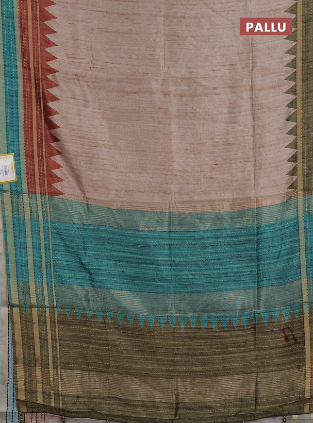 Semi tussar saree beige and brown teal green with plain body and ganga jamuna kantha work border