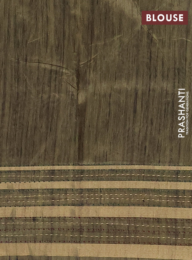 Semi tussar saree beige and brown teal green with plain body and ganga jamuna kantha work border