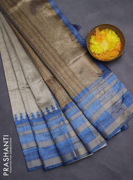 Semi tussar saree beige and blue sap green with plain body and ganga jamuna kantha work border