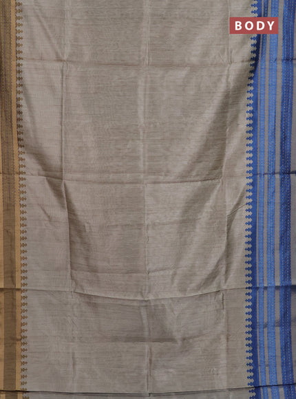 Semi tussar saree beige and blue sap green with plain body and ganga jamuna kantha work border