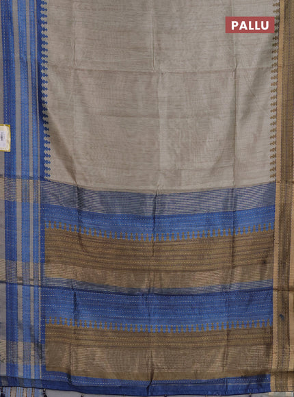Semi tussar saree beige and blue sap green with plain body and ganga jamuna kantha work border