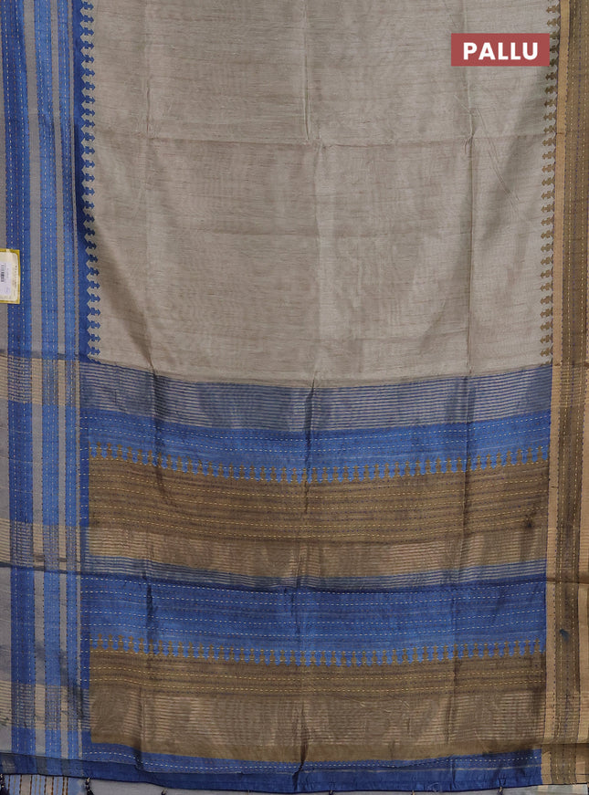 Semi tussar saree beige and blue sap green with plain body and ganga jamuna kantha work border