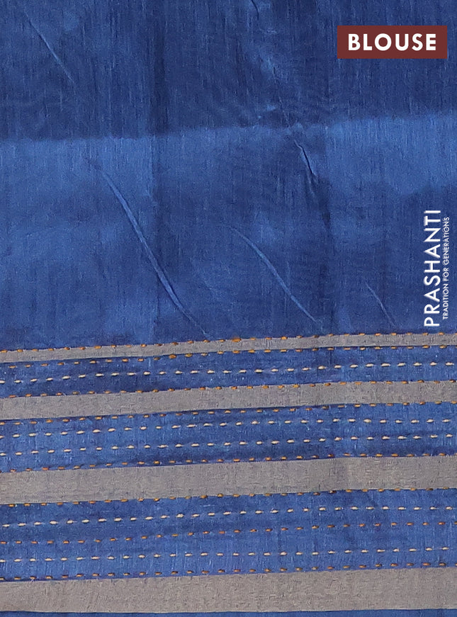 Semi tussar saree beige and blue sap green with plain body and ganga jamuna kantha work border