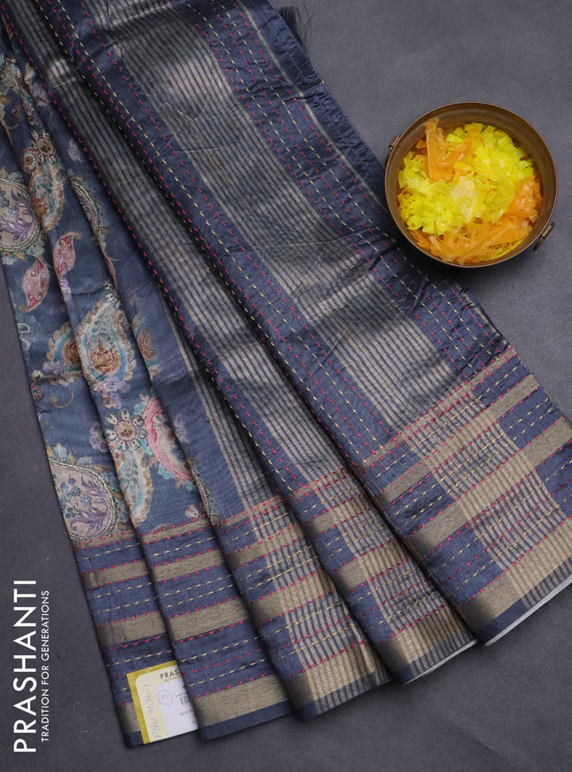Semi tussar saree grey with allover prints and kantha stitch work border