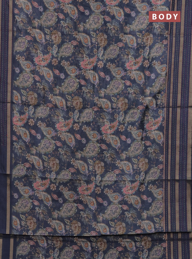 Semi tussar saree grey with allover prints and kantha stitch work border