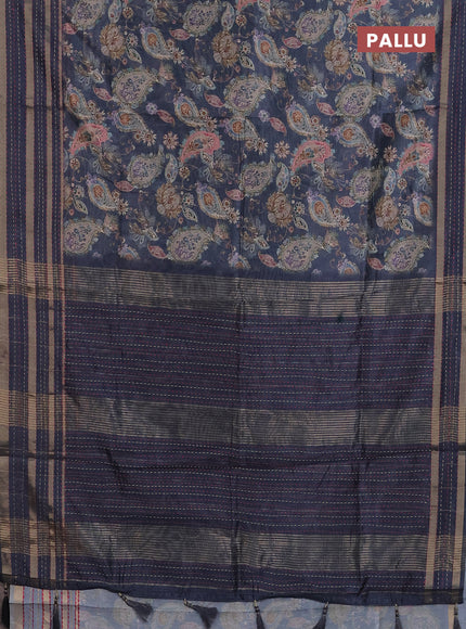 Semi tussar saree grey with allover prints and kantha stitch work border