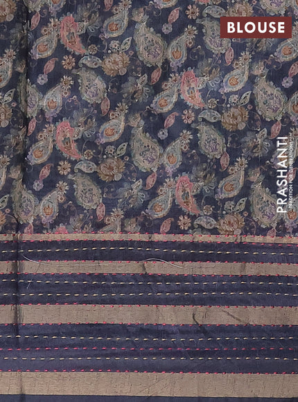 Semi tussar saree grey with allover prints and kantha stitch work border