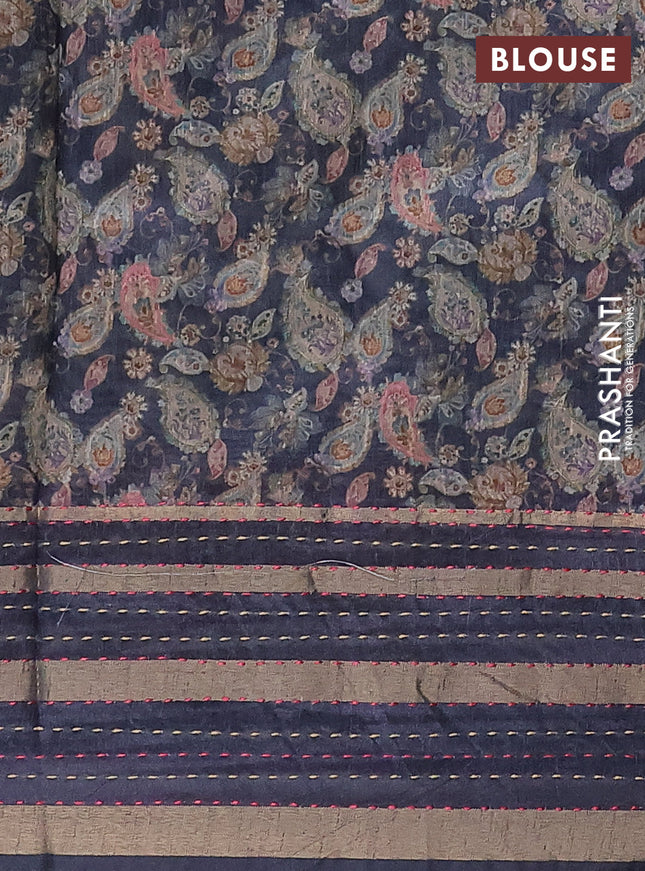 Semi tussar saree grey with allover prints and kantha stitch work border