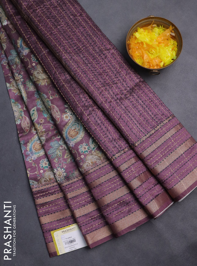 Semi tussar saree wine shade with allover prints and kantha stitch work border