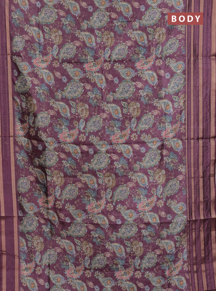 Semi tussar saree wine shade with allover prints and kantha stitch work border