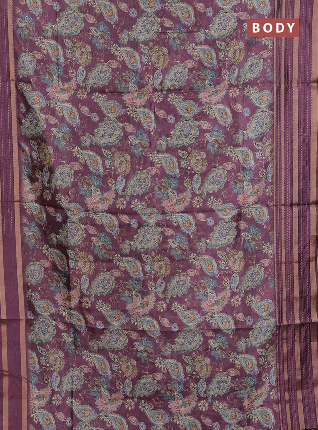 Semi tussar saree wine shade with allover prints and kantha stitch work border