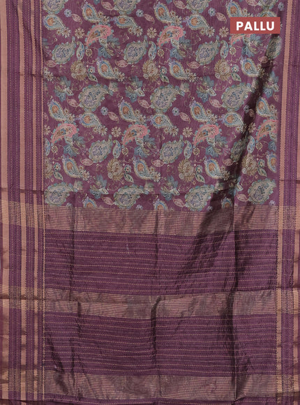 Semi tussar saree wine shade with allover prints and kantha stitch work border