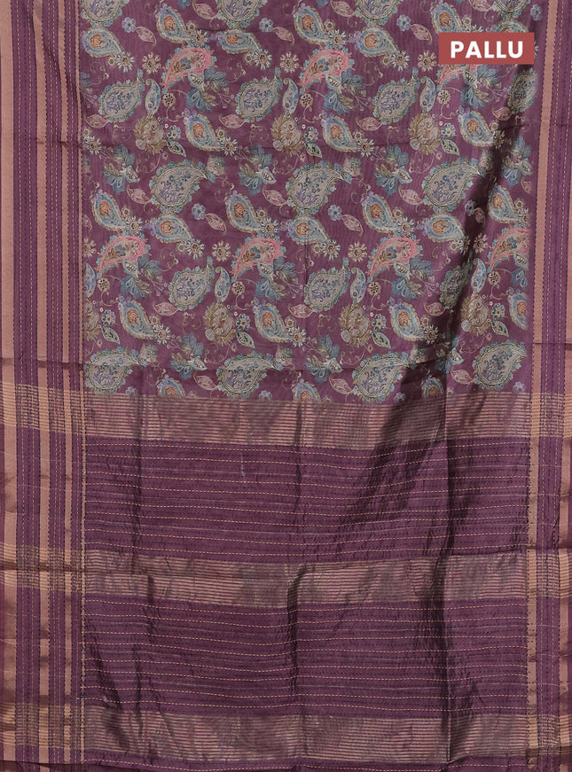 Semi tussar saree wine shade with allover prints and kantha stitch work border