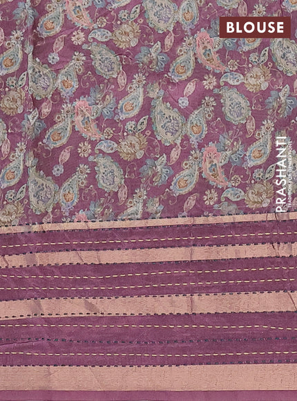 Semi tussar saree wine shade with allover prints and kantha stitch work border