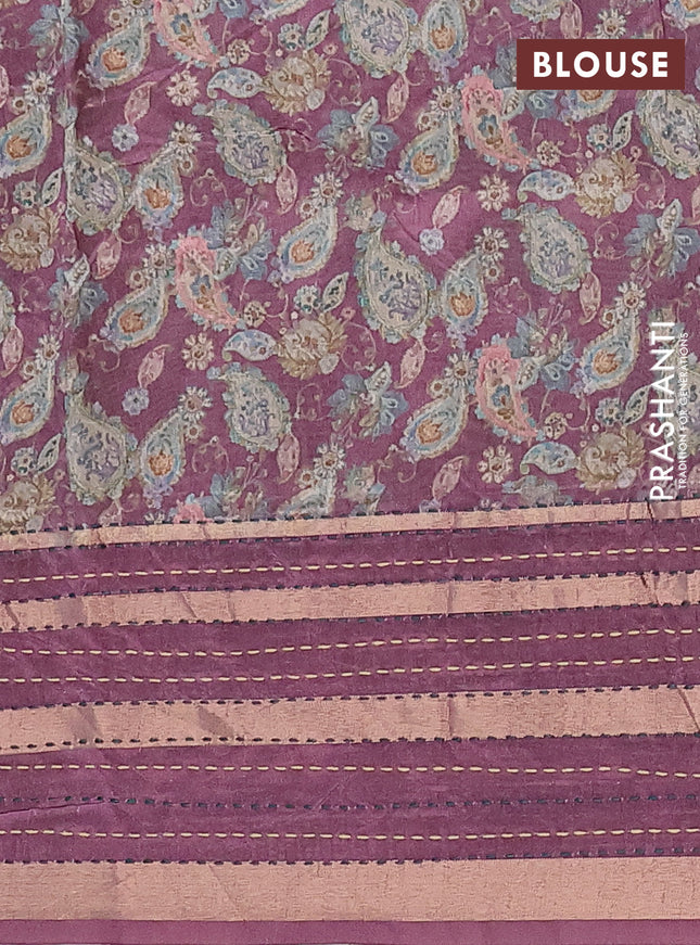 Semi tussar saree wine shade with allover prints and kantha stitch work border