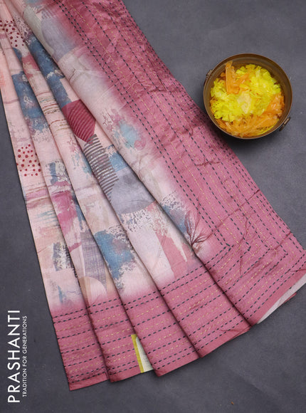 Semi tussar saree mild peach pink and mauve pink with allover prints and kantha stitch work border