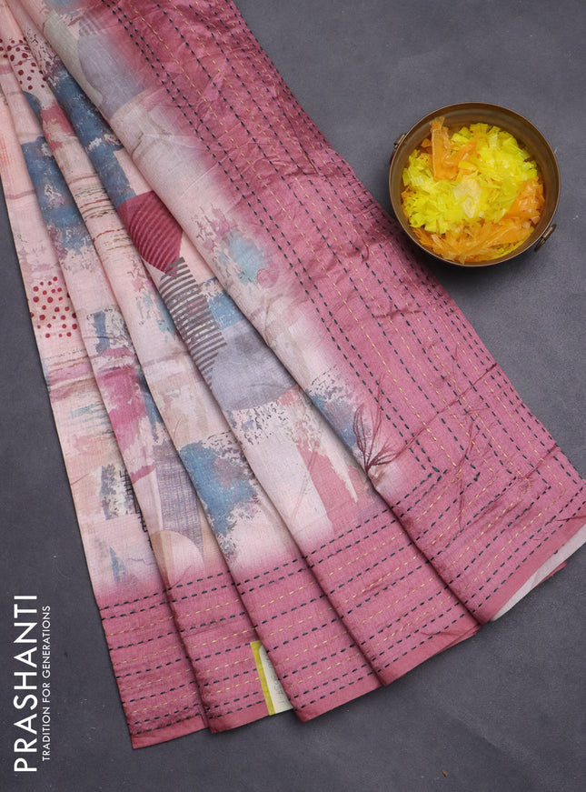 Semi tussar saree mild peach pink and mauve pink with allover prints and kantha stitch work border