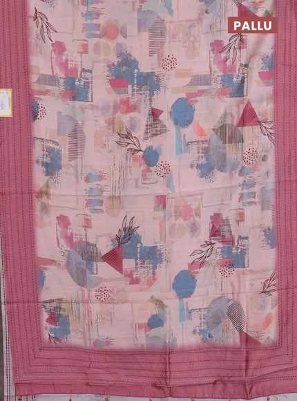 Semi tussar saree mild peach pink and mauve pink with allover prints and kantha stitch work border