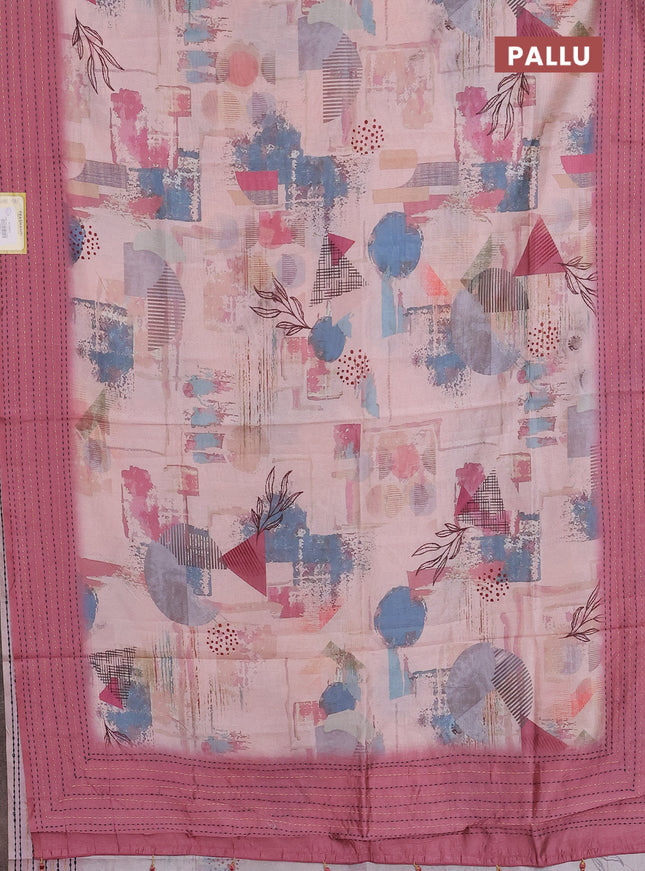 Semi tussar saree mild peach pink and mauve pink with allover prints and kantha stitch work border