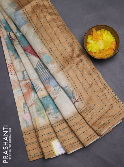 Semi tussar saree beige and sandal with allover prints and kantha stitch work border
