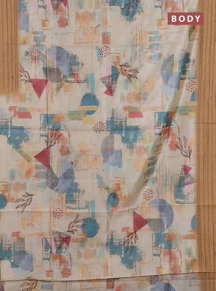 Semi tussar saree beige and sandal with allover prints and kantha stitch work border