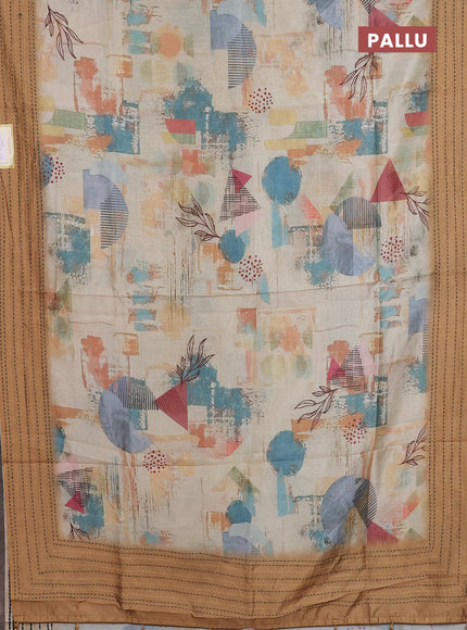 Semi tussar saree beige and sandal with allover prints and kantha stitch work border