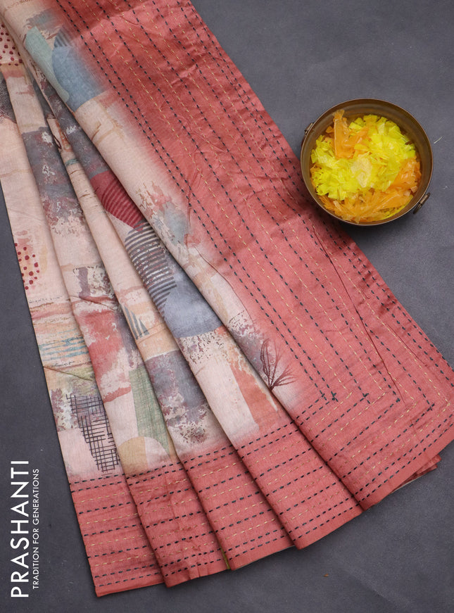 Semi tussar saree multi colour and rust shade with allover prints and kantha stitch work border
