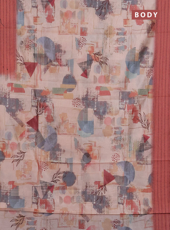 Semi tussar saree multi colour and rust shade with allover prints and kantha stitch work border