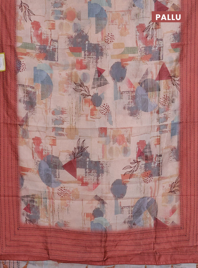 Semi tussar saree multi colour and rust shade with allover prints and kantha stitch work border