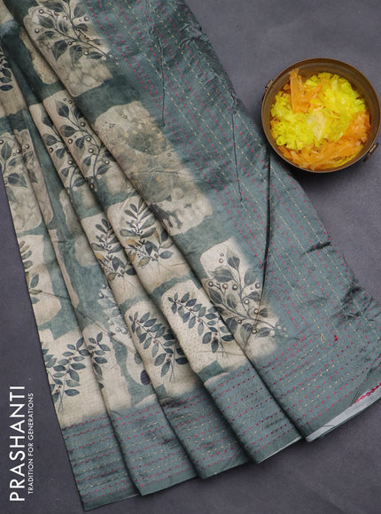 Semi tussar saree pastel green and beige with allover prints and kantha stitch work border