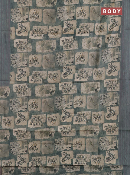 Semi tussar saree pastel green and beige with allover prints and kantha stitch work border