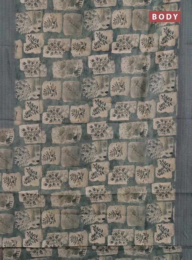 Semi tussar saree pastel green and beige with allover prints and kantha stitch work border