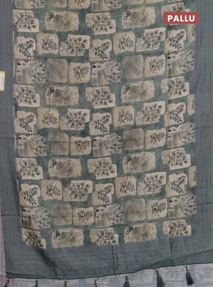 Semi tussar saree pastel green and beige with allover prints and kantha stitch work border