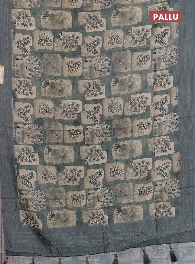 Semi tussar saree pastel green and beige with allover prints and kantha stitch work border