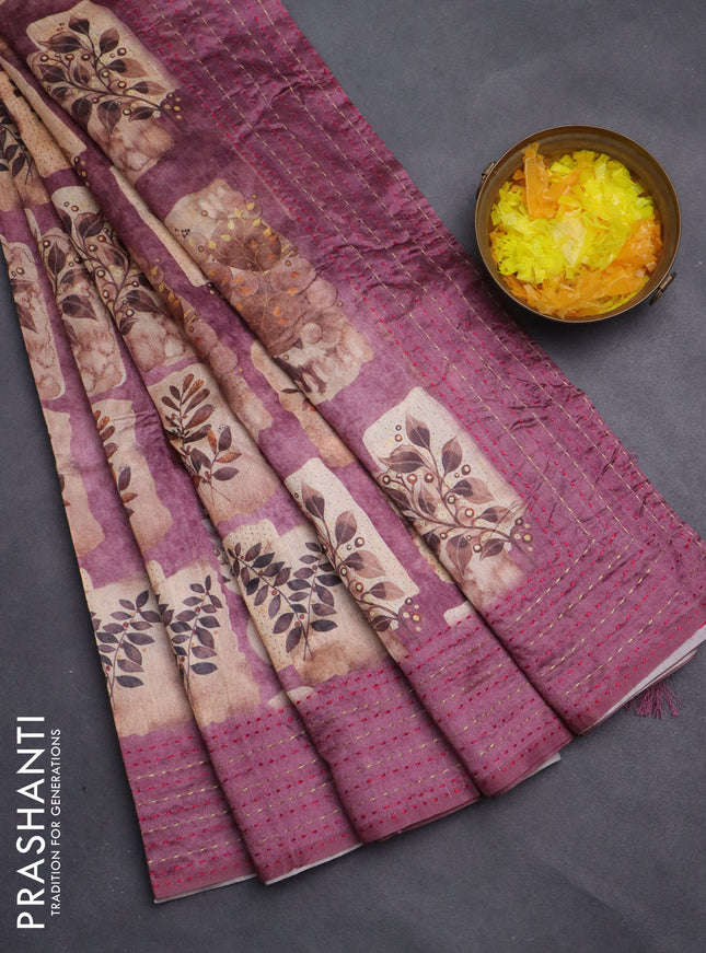 Semi tussar saree pastel pink and beige with allover prints and kantha stitch work border