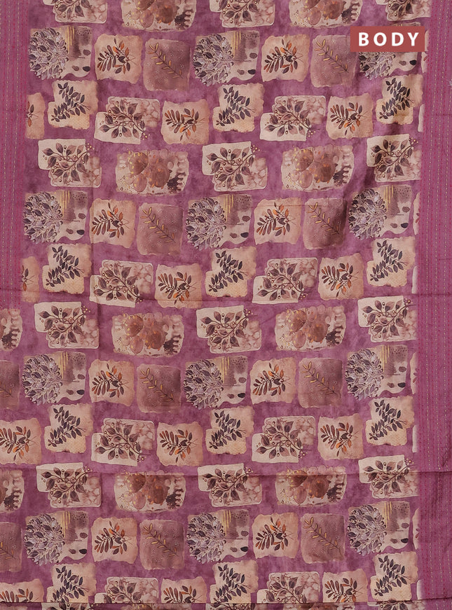 Semi tussar saree pastel pink and beige with allover prints and kantha stitch work border