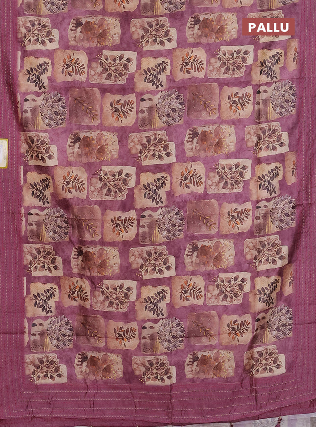 Semi tussar saree pastel pink and beige with allover prints and kantha stitch work border